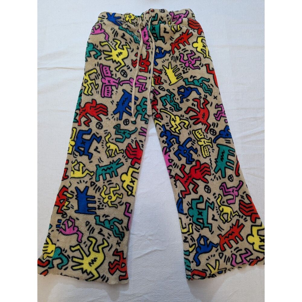 Keith Haring Fleece Lounge Pants S Drawstring Allover Print Cropped Hem